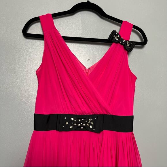 Kate Spade Chiffon Embellished Bow Midi Dress V Neck Hot Pink Women’s Size 2 - Picture 3 of 12